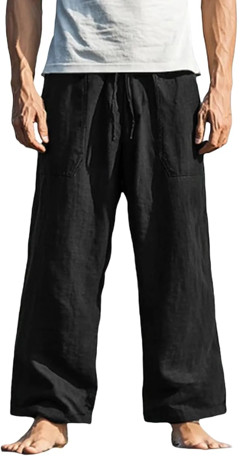 Mens Yoga Beach Pants Loose Fit Elastic Waist Straight Leg Pant Fashion Lightweight Casual Baggy Trouser with Pockets