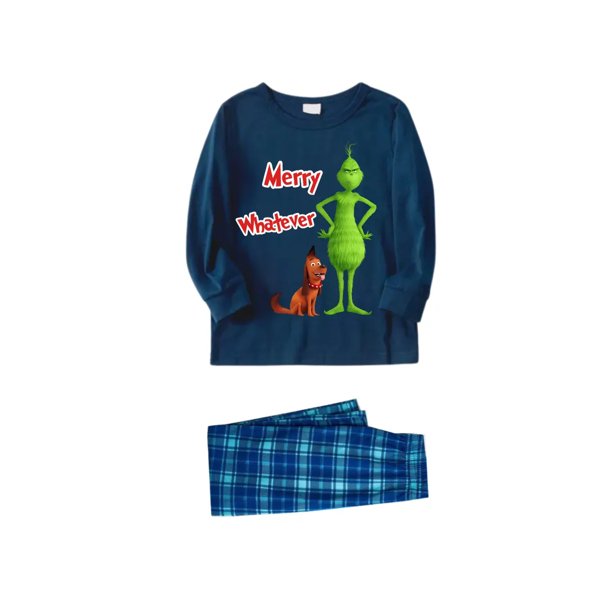 Merry Whatever Red Text With Green Cartoon Characters and Dog Pattern Blue Top Sky Blue Plaid Pants Family Matching Pajamas