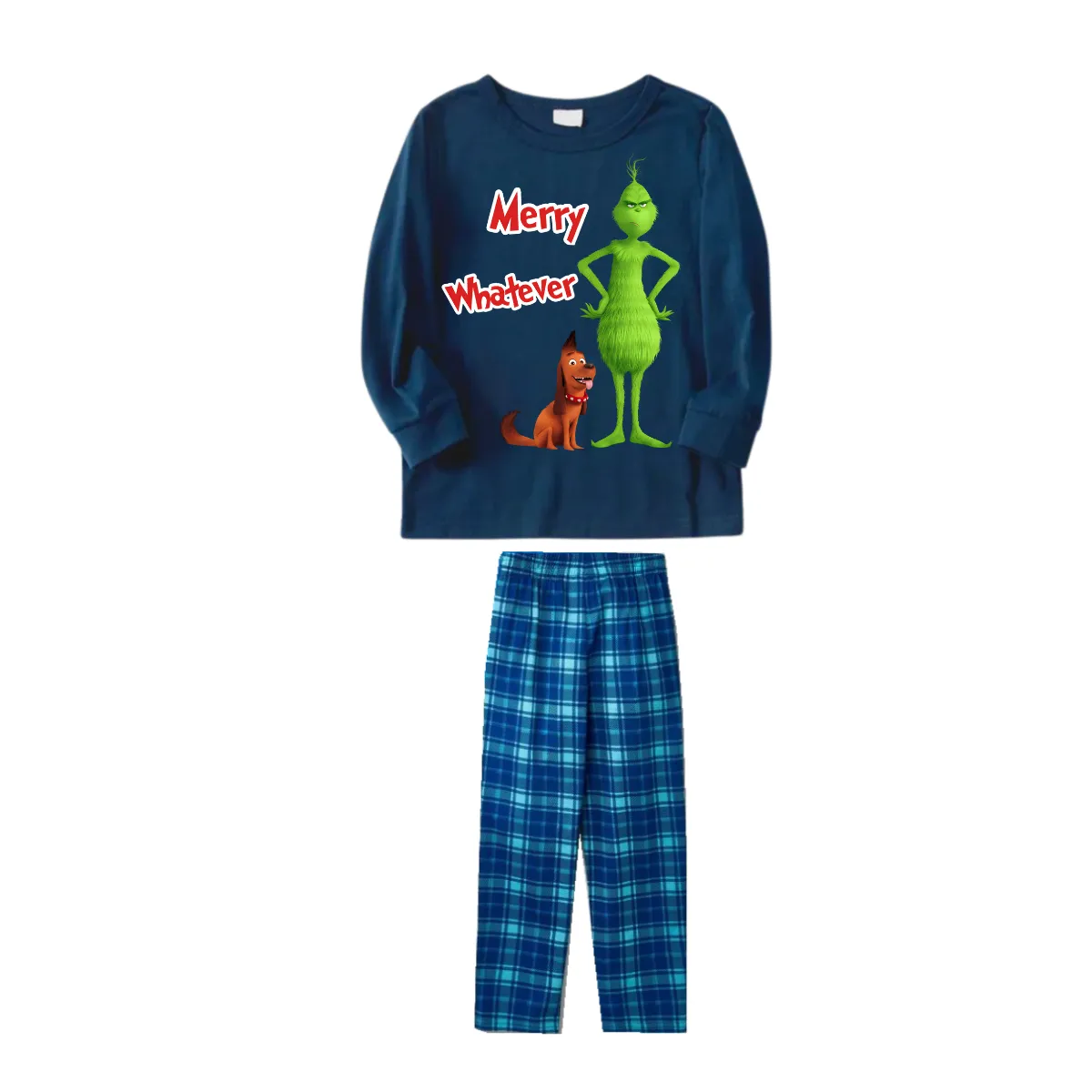 Merry Whatever Red Text With Green Cartoon Characters and Dog Pattern Blue Top Sky Blue Plaid Pants Family Matching Pajamas