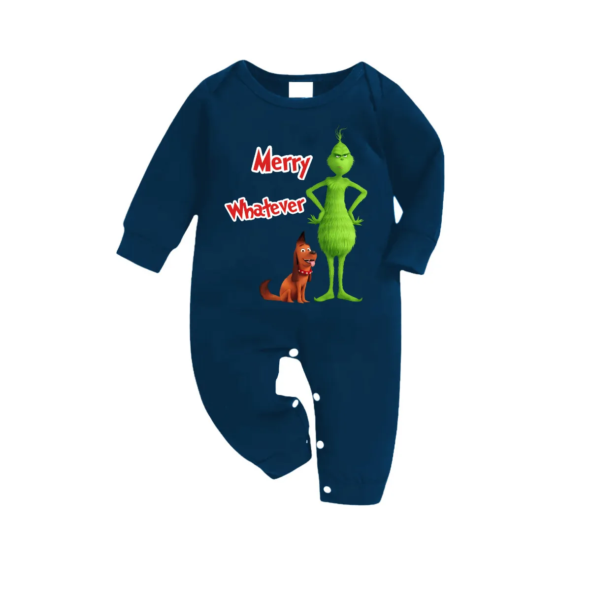 Merry Whatever Red Text With Green Cartoon Characters and Dog Pattern Blue Top Sky Blue Plaid Pants Family Matching Pajamas
