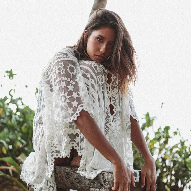 Mesh Embroidered Robe Loose Plus Size Bikini Blouse