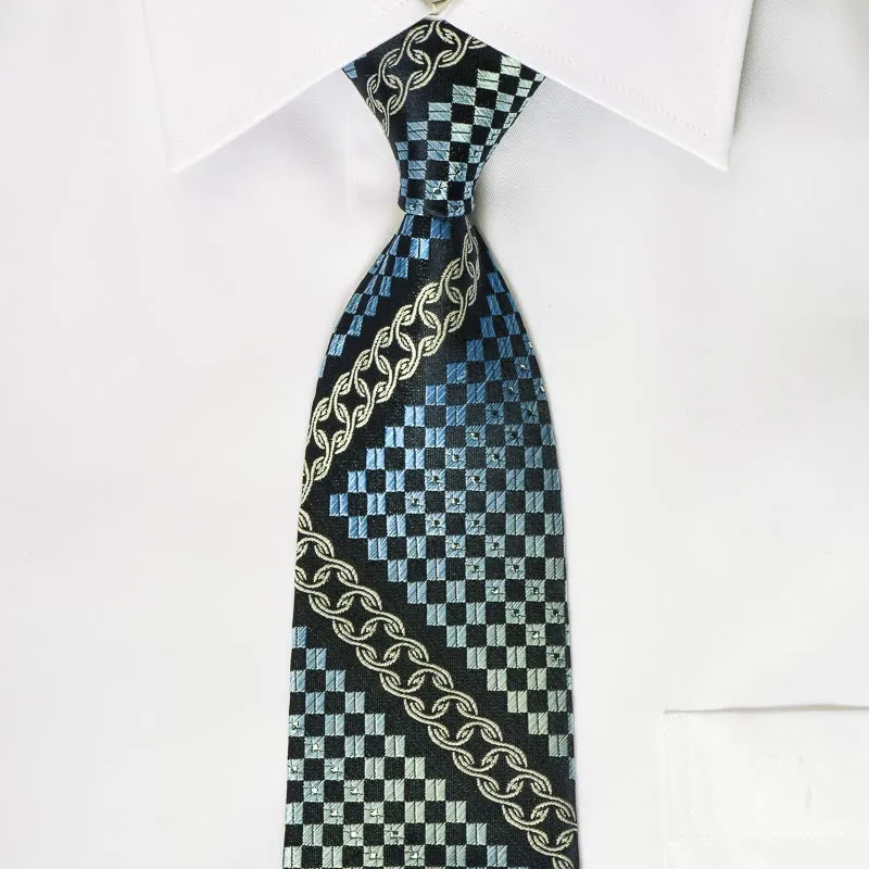 Micheal Angelo Silk Tie Blue Checker & Silver Chains With Silver Sparkles