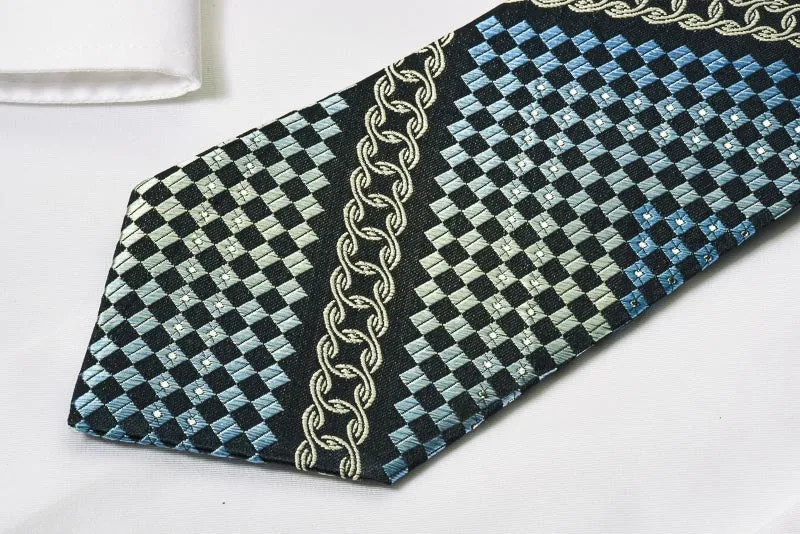 Micheal Angelo Silk Tie Blue Checker & Silver Chains With Silver Sparkles