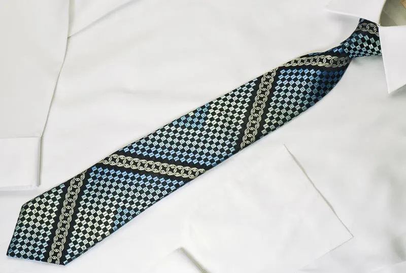Micheal Angelo Silk Tie Blue Checker & Silver Chains With Silver Sparkles