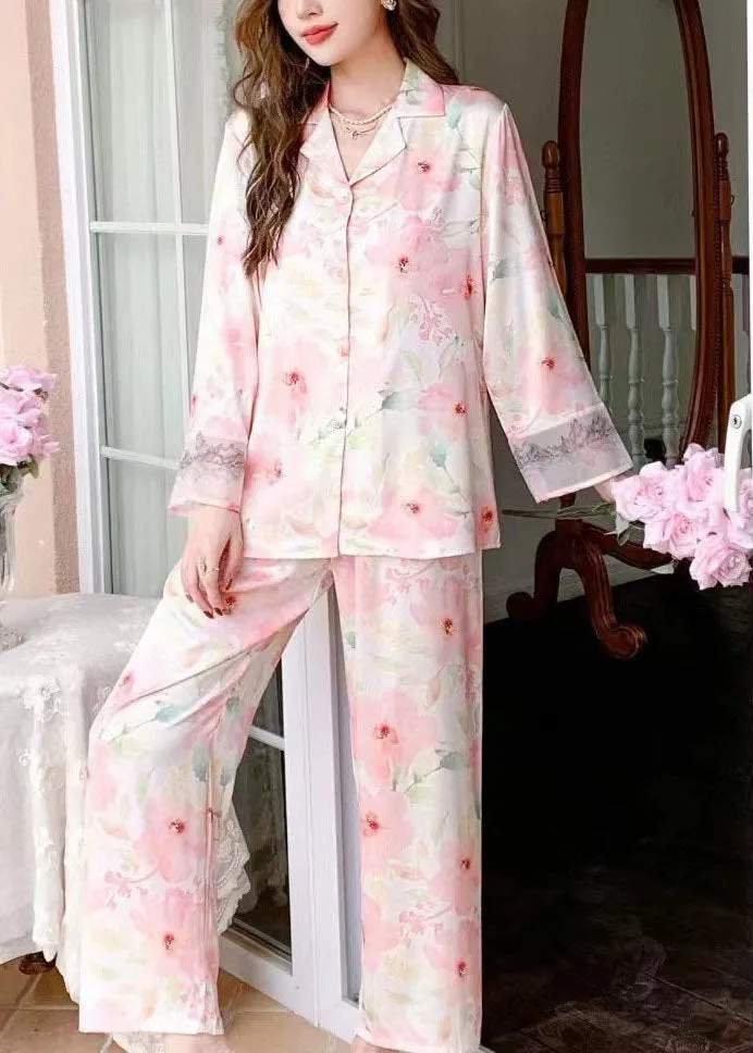 Modern Pink Print Peter Pan Collar Patchwork Ice Silk Pajamas Two Pieces Set Spring