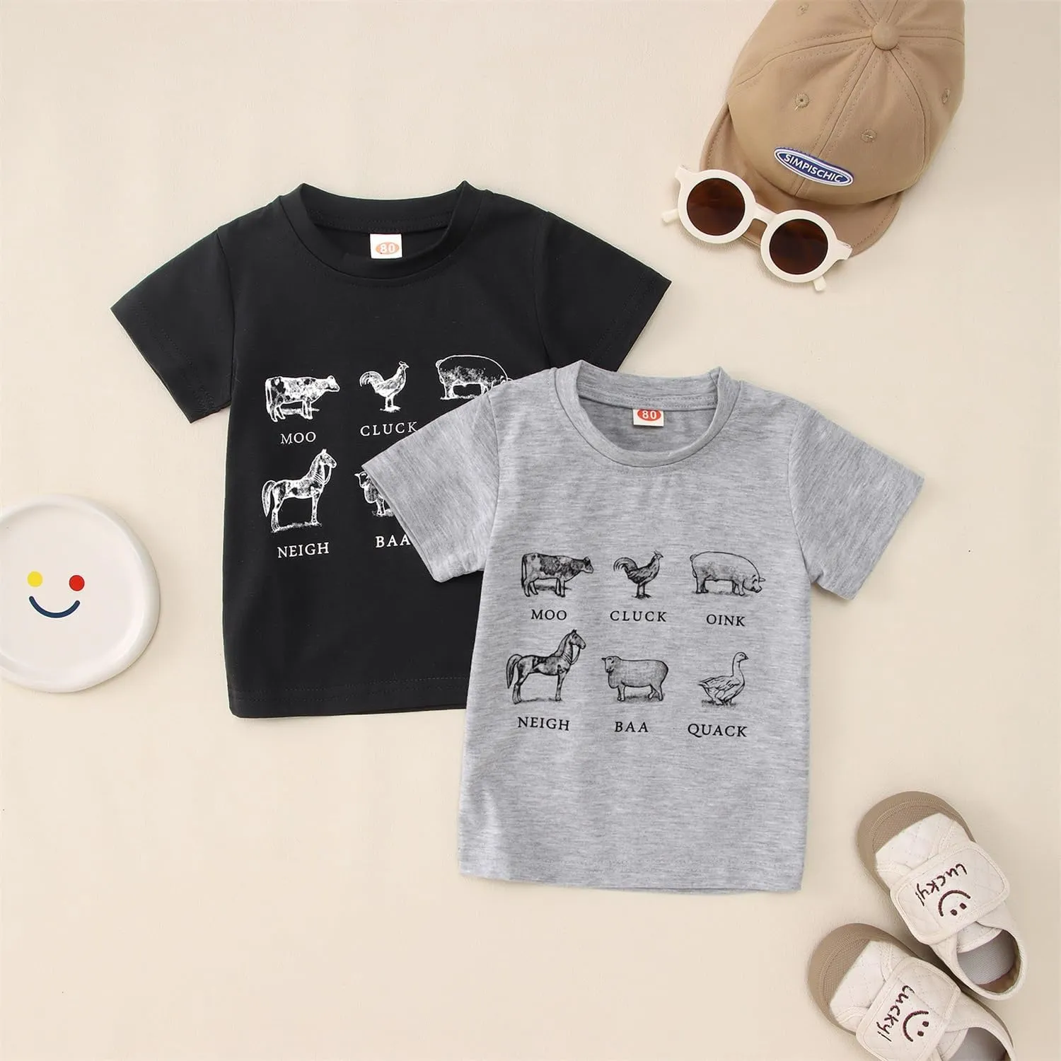 MODNTOGA Baby Boy Farm Shirt Short Sleeve Animals Graphic T-Shirt Kids Boy Cow Tops Toddler Funny Letter Print Tees