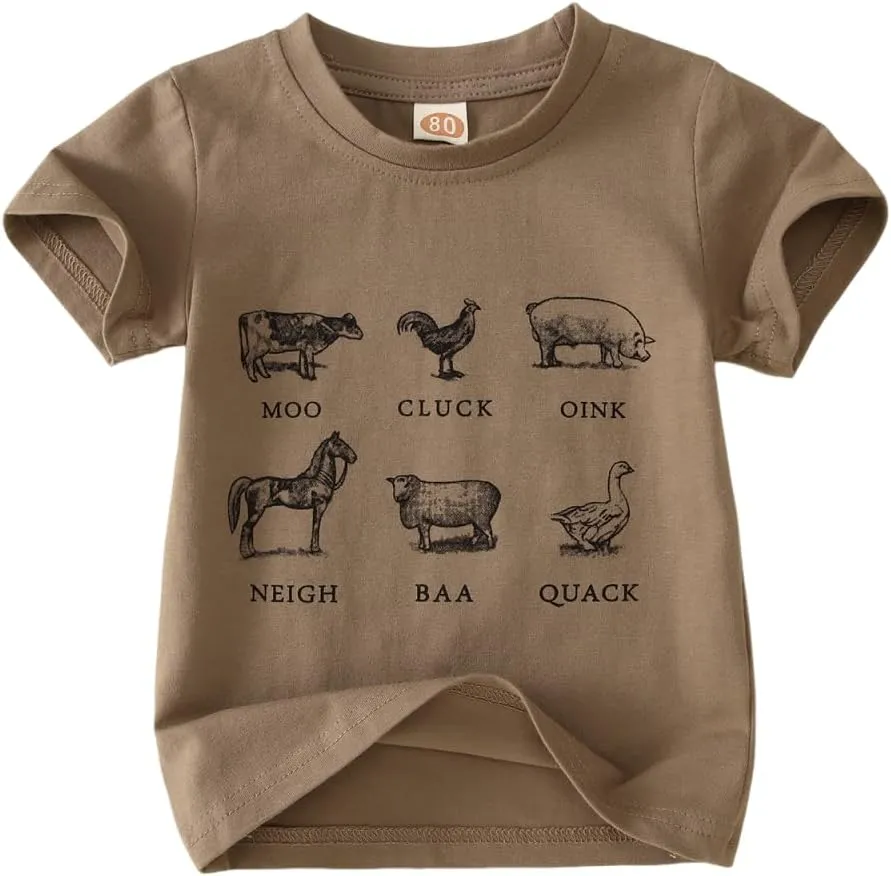 MODNTOGA Baby Boy Farm Shirt Short Sleeve Animals Graphic T-Shirt Kids Boy Cow Tops Toddler Funny Letter Print Tees