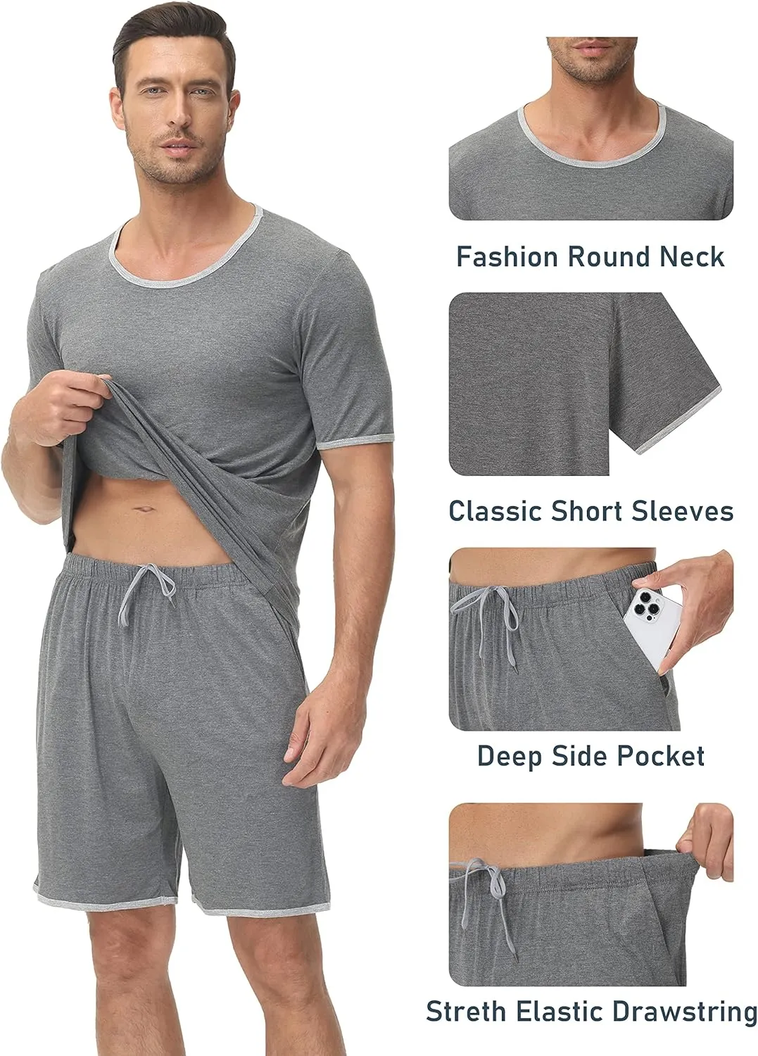 MoFiz Men's Pajamas Set Sleepwear Sleep Shirt and Shorts Pajama Set Lightweight Soft Mens Pjs Lounge Set with Pockets S-3XL
