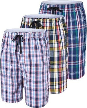 MoFiz Men's Plaid Pajama Shorts 3-Pack Cotton Sleep Lounge Shorts Lightweight Soft Summer Nightwear with Pockets Button Fly