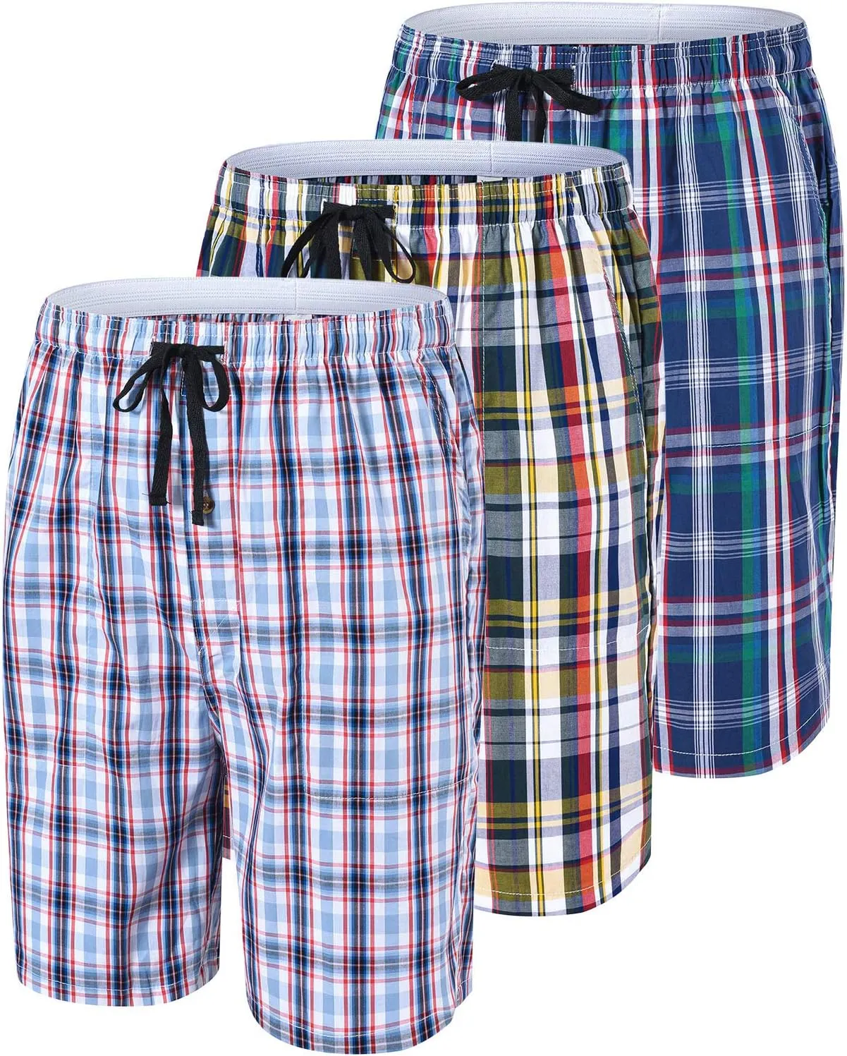 MoFiz Men's Plaid Pajama Shorts 3-Pack Cotton Sleep Lounge Shorts Lightweight Soft Summer Nightwear with Pockets Button Fly