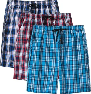 MoFiz Men's Plaid Pajama Shorts 3-Pack Cotton Sleep Lounge Shorts Lightweight Soft Summer Nightwear with Pockets Button Fly