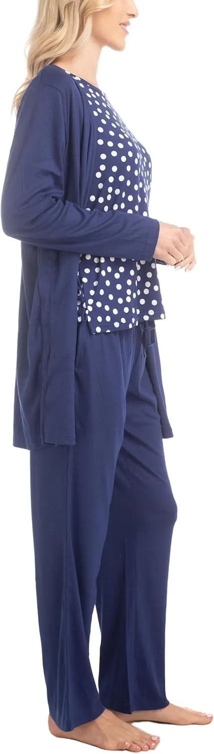 MUK LUKS Anything 3 Piece Women's Pajamas, Sleep and Lounge Set, Soft Pjs, Matching Long Sleeve Cardigan