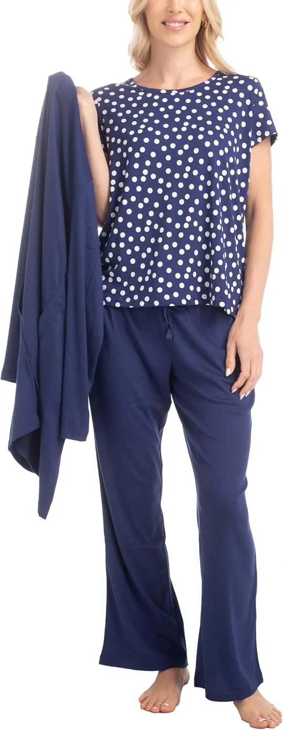 MUK LUKS Anything 3 Piece Women's Pajamas, Sleep and Lounge Set, Soft Pjs, Matching Long Sleeve Cardigan
