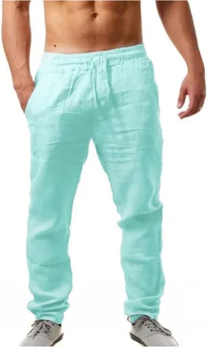 Muyise Men's Casual Summer Long Pants Cotton Linen Elastic Waist Straight Leg Palazzo Baggy Lounge Trousers with Pockets