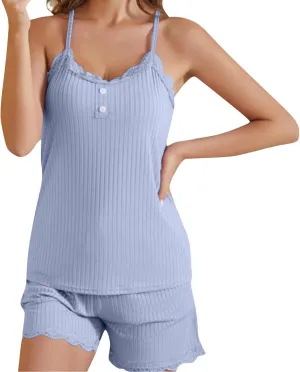 Mzkdieey Women Ribbed Knit Pajama Sets Button Front Tank Top and Shorts Pjs Casual Sleeveless Lounge Set Ladies Loungewear