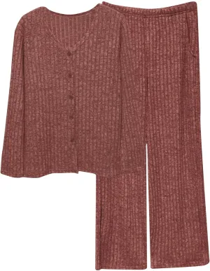 Mzkdieey Womens Ribbed Knit Lounge Set Long Sleeve V Neck Button Down Top and Pants Sleepwear Two Piece Matching Outfits Set