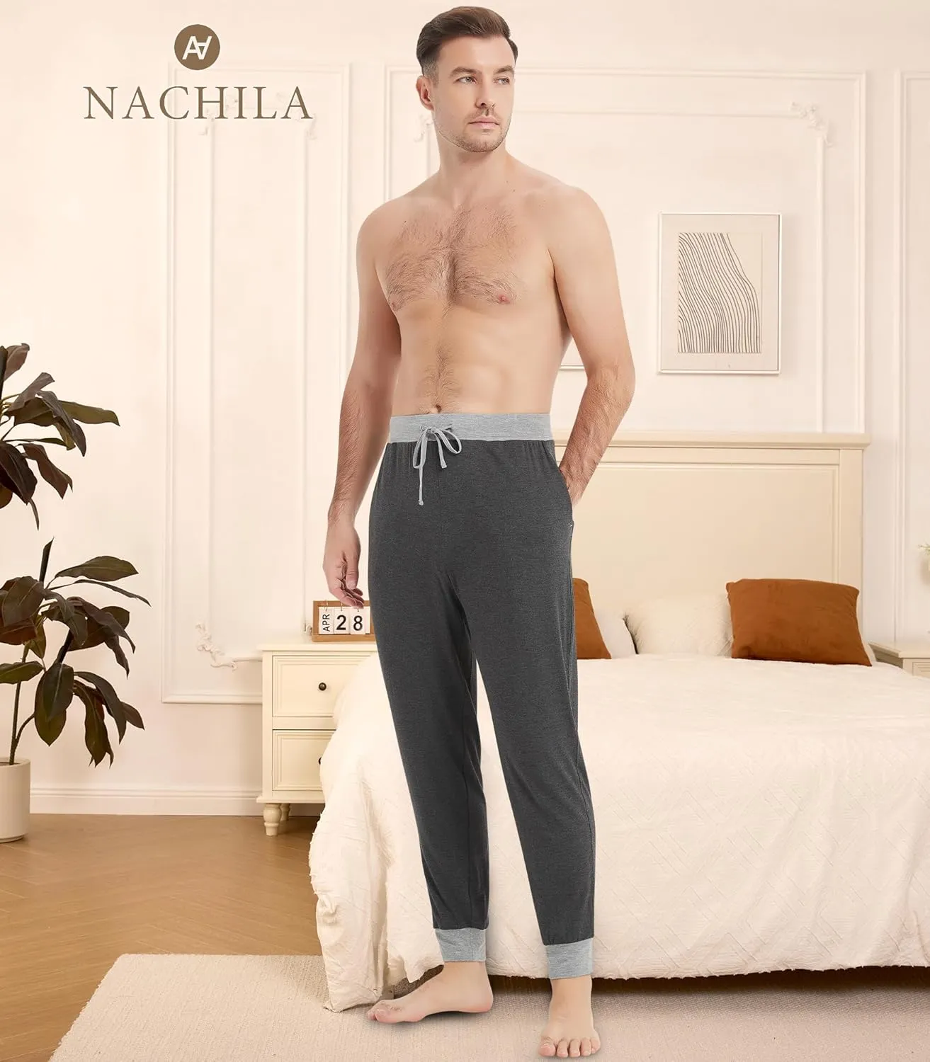 NACHILA Men's Pajamas Pants-Viscose Made from Bamboo, Soft Jogger Pants Comfy Sleep Pants Cool Pjs Bottoms with Pockets
