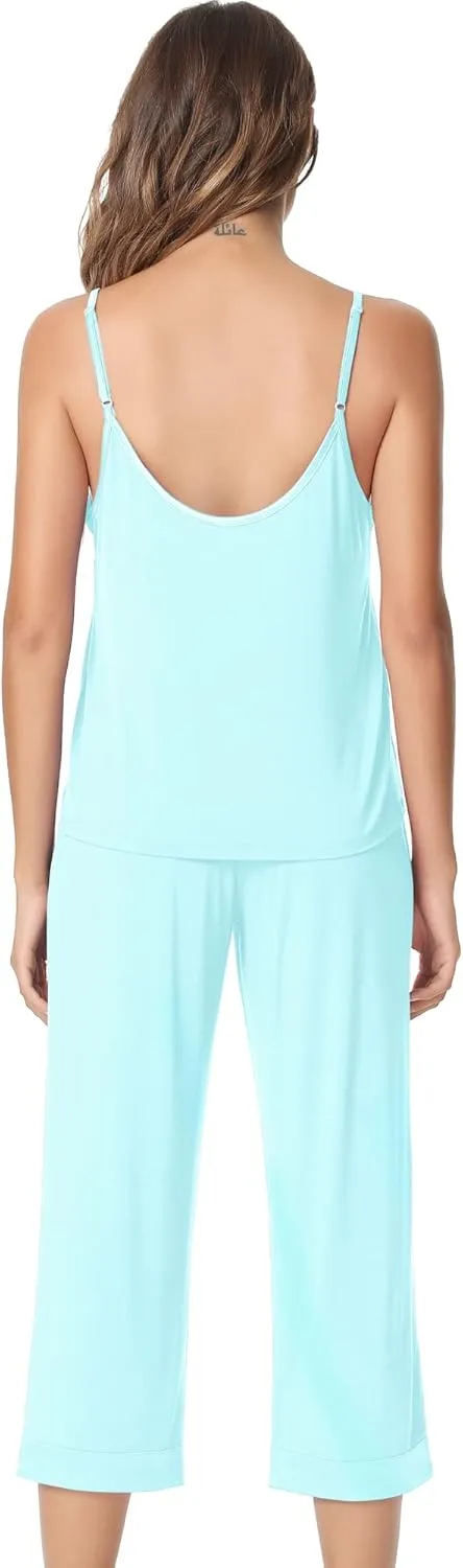NACHILA Women's Pajamas-Viscose Made from Bamboo,Pleated Cami Pj Top Cool Capri Pant Pajama Set Sleeveless Camisole Sleepwear