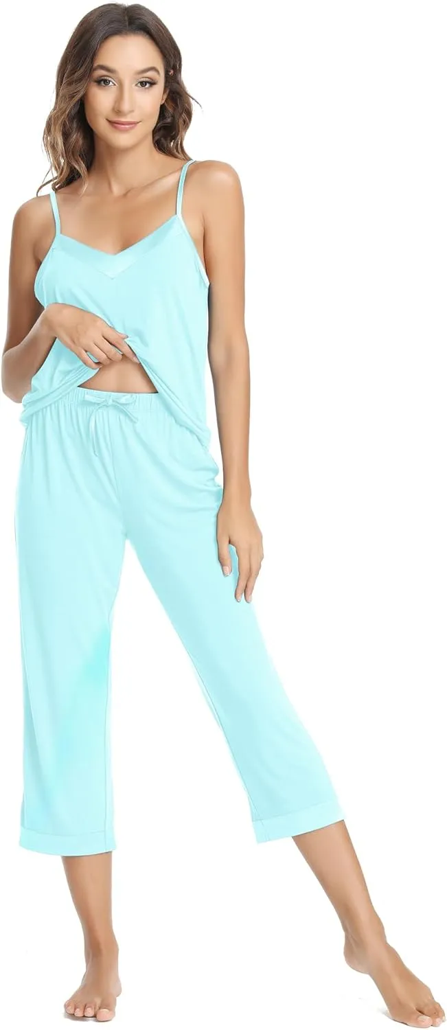NACHILA Women's Pajamas-Viscose Made from Bamboo,Pleated Cami Pj Top Cool Capri Pant Pajama Set Sleeveless Camisole Sleepwear