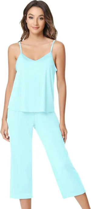 NACHILA Women's Pajamas-Viscose Made from Bamboo,Pleated Cami Pj Top Cool Capri Pant Pajama Set Sleeveless Camisole Sleepwear
