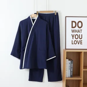 Navy Cotton Colorblock Kimono Pajama Set