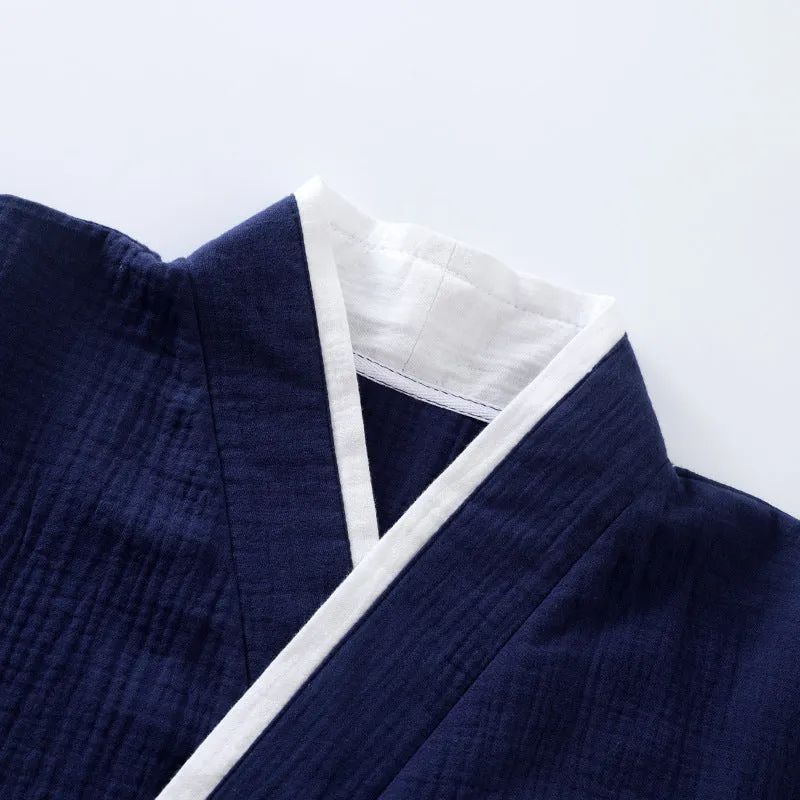 Navy Cotton Colorblock Kimono Pajama Set