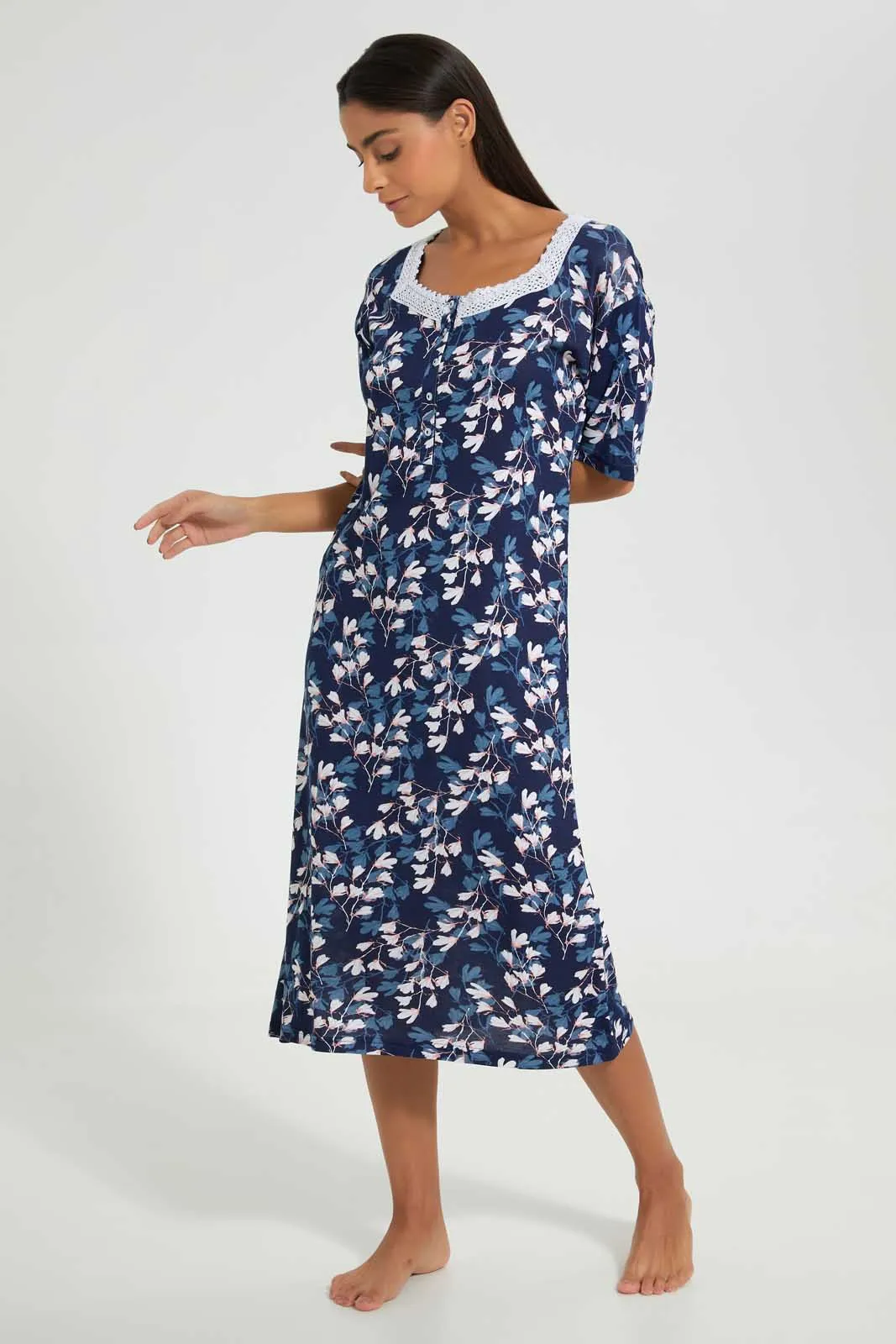 Navy Floral Printed Nightgown