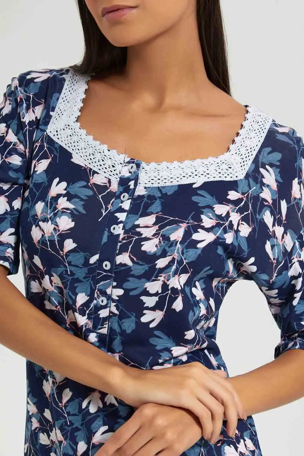 Navy Floral Printed Nightgown
