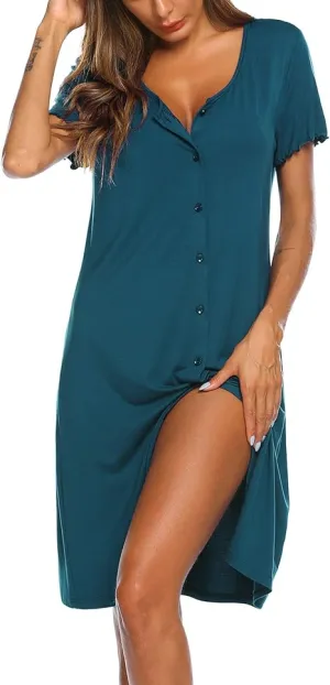 NEW Ekouaer Women's Nightshirt Long Sleeve Sleepwear Button Down Nightgown V-Neck Sleepwear Pajama Dress, Blue Green, Sz M