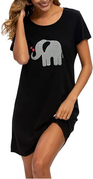 New ENJOYNIGHT Sleepwear Women's Nightgown Printed Sleep Shirt Short Sleeve Sleep Tee Cotton Nightshirt, Black, Sz S!