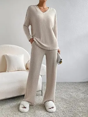 NEW Lynkiss Women's Pajama Set V Neck Long Sleeve Matching Sets Ribbed Knit Sleepwear 2 Piece Loungewear, Beige, Sz XL