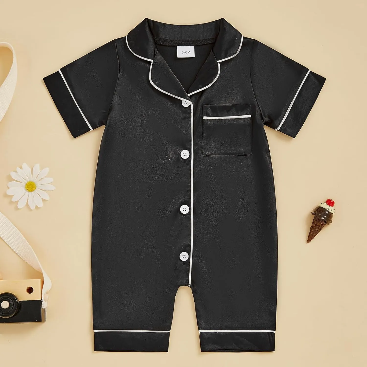 Newborn Baby Boy Girl Silk Pajamas Romper Shorts Sleeve Button Down Satin One Piece Onesie Pjs Infant Sleepwears