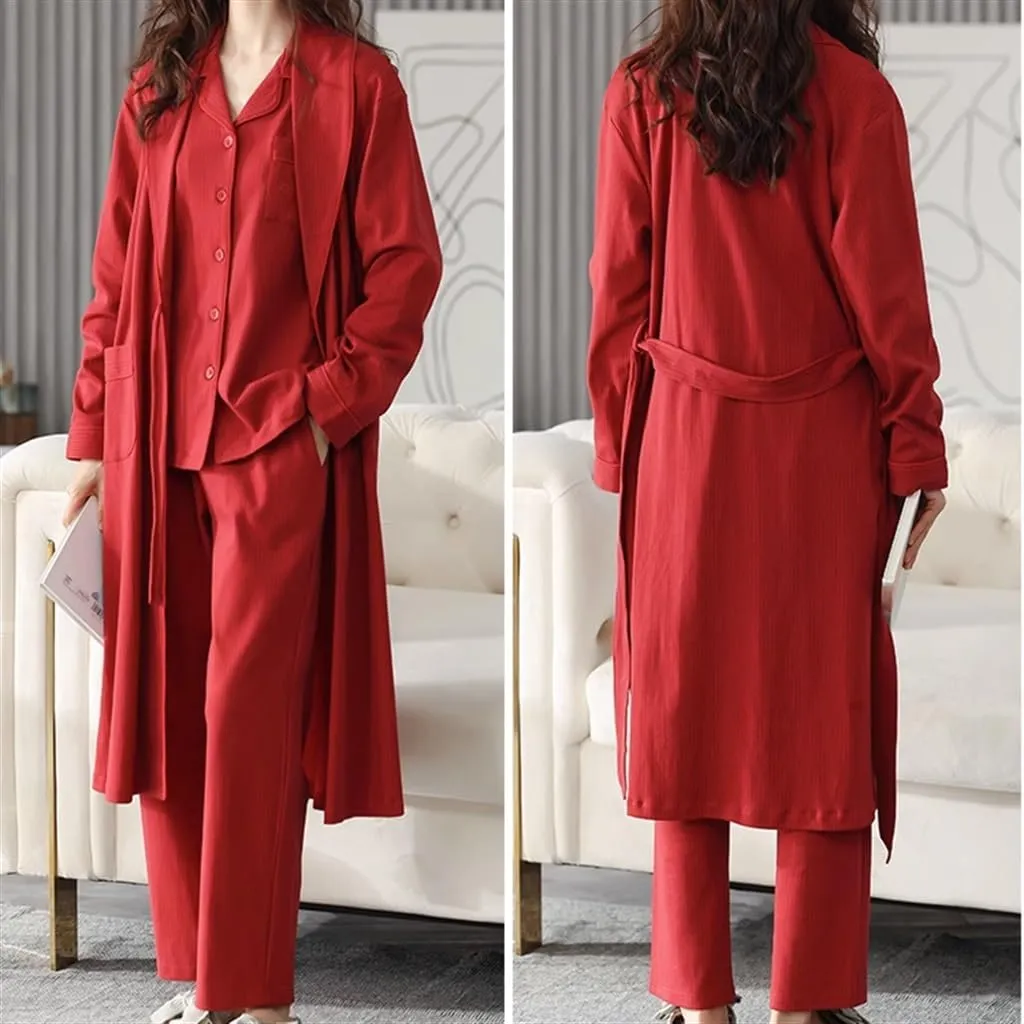 Nightgown for Women Spring and Autumn Cotton Long-sleeved Red Wedding Bathrobe Home Wear Three-piece Set