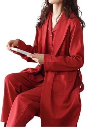 Nightgown for Women Spring and Autumn Cotton Long-sleeved Red Wedding Bathrobe Home Wear Three-piece Set