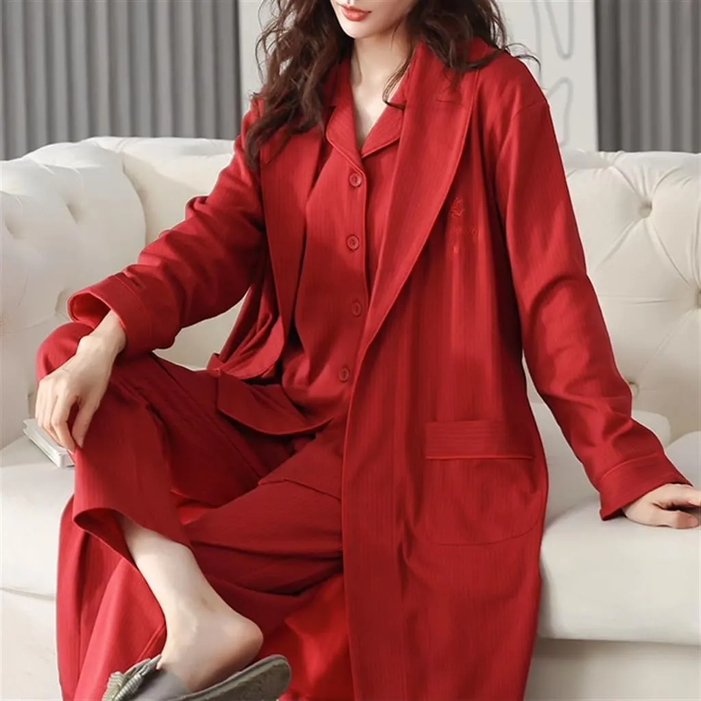 Nightgown for Women Spring and Autumn Cotton Long-sleeved Red Wedding Bathrobe Home Wear Three-piece Set