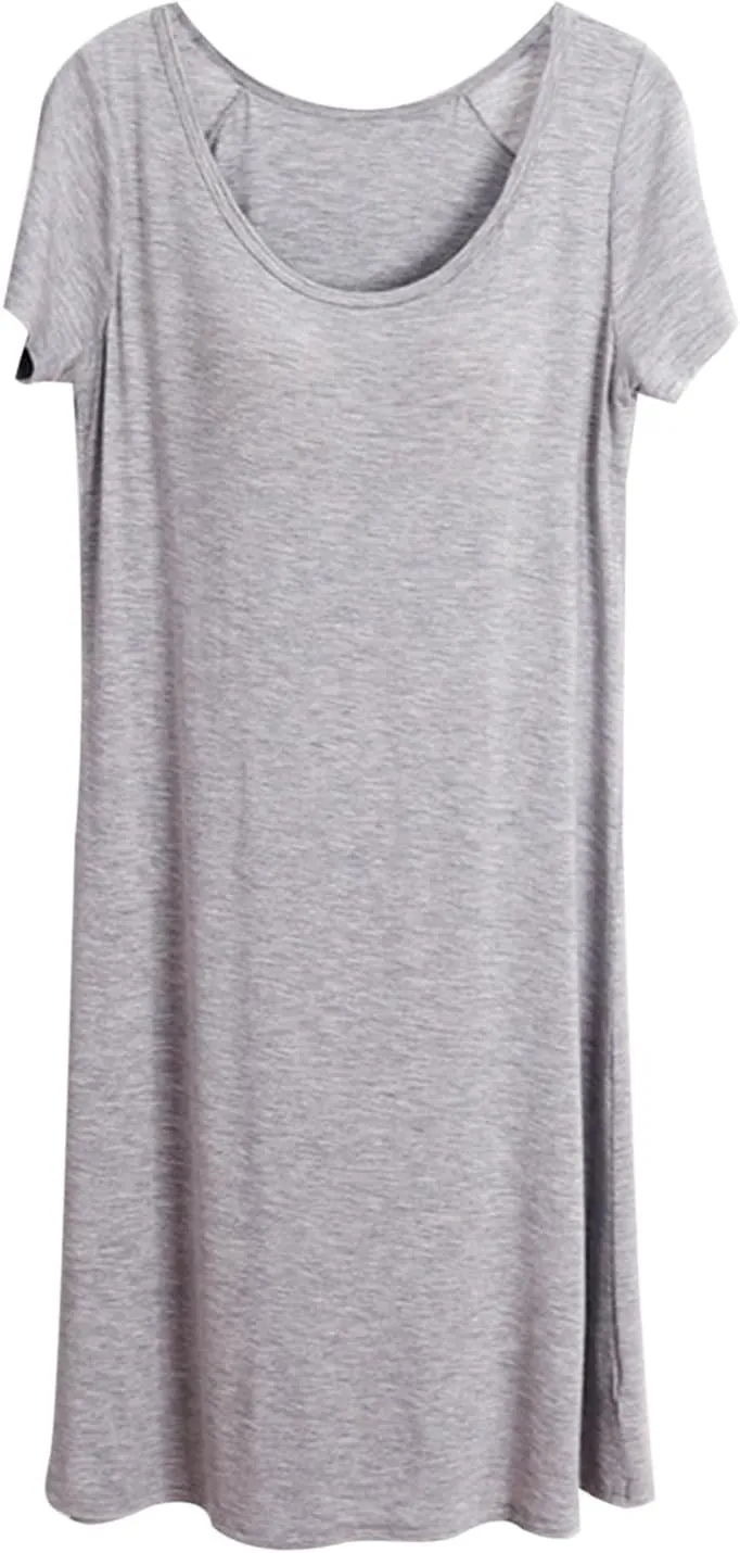 Nightgowns for Women Short Sleeve Integrated Casual Plain NightDress Home Soft Classic Sleepshirt with Chest Pad