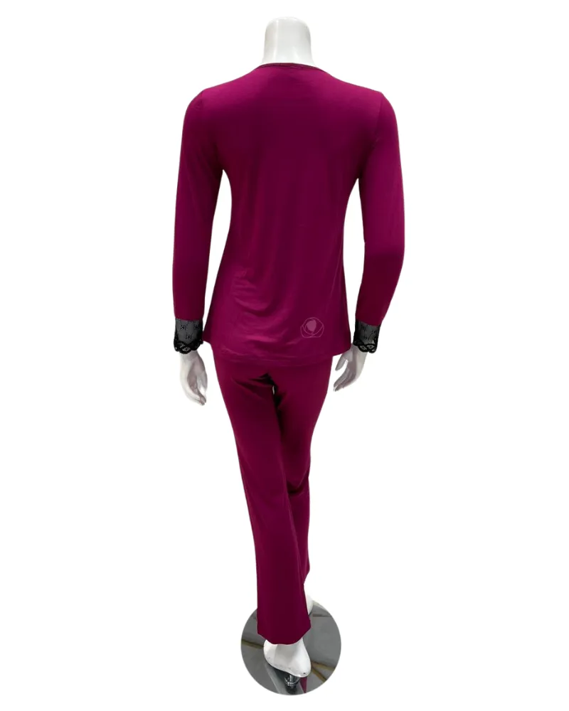 Oh! Zuza Cranberry Swirl Design Lace V Neck Modal Pajamas Set