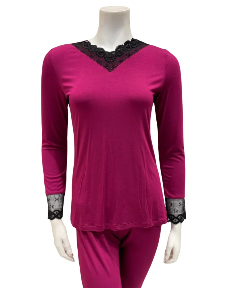 Oh! Zuza Cranberry Swirl Design Lace V Neck Modal Pajamas Set