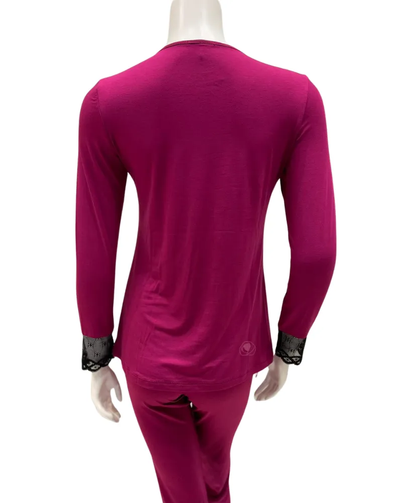 Oh! Zuza Cranberry Swirl Design Lace V Neck Modal Pajamas Set
