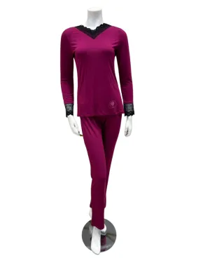 Oh! Zuza Cranberry Swirl Design Lace V Neck Modal Pajamas Set
