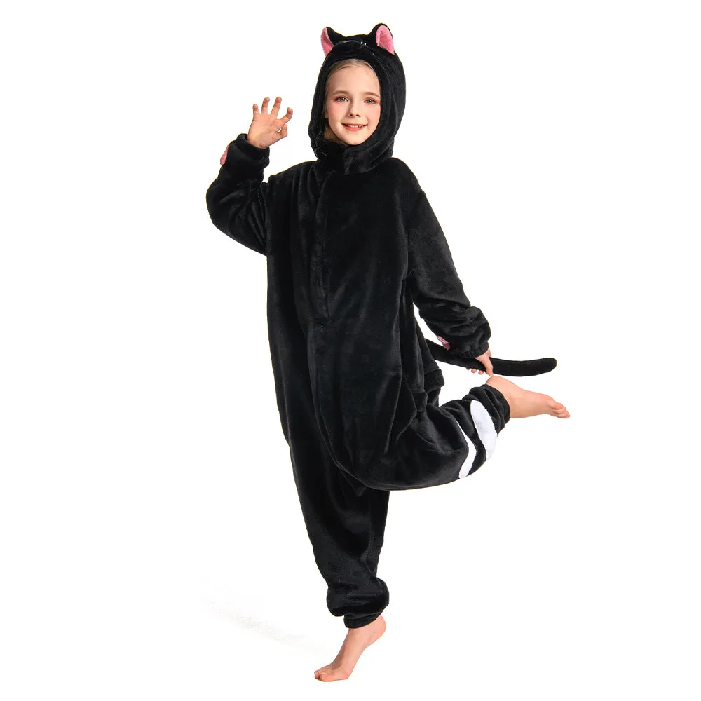OLAOLA Kids Black Cat Animal Onesie Plush Soft Flannel Warm Home Pajamas One-Piece Sleepwear
