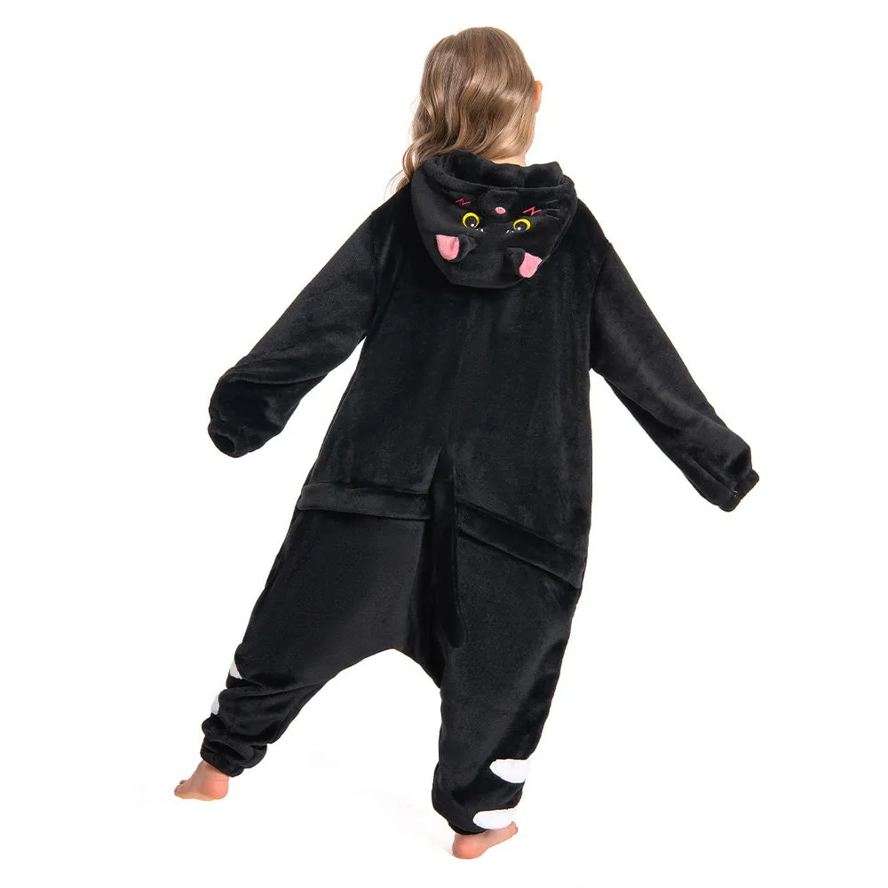 OLAOLA Kids Black Cat Animal Onesie Plush Soft Flannel Warm Home Pajamas One-Piece Sleepwear
