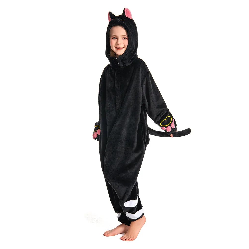 OLAOLA Kids Black Cat Animal Onesie Plush Soft Flannel Warm Home Pajamas One-Piece Sleepwear