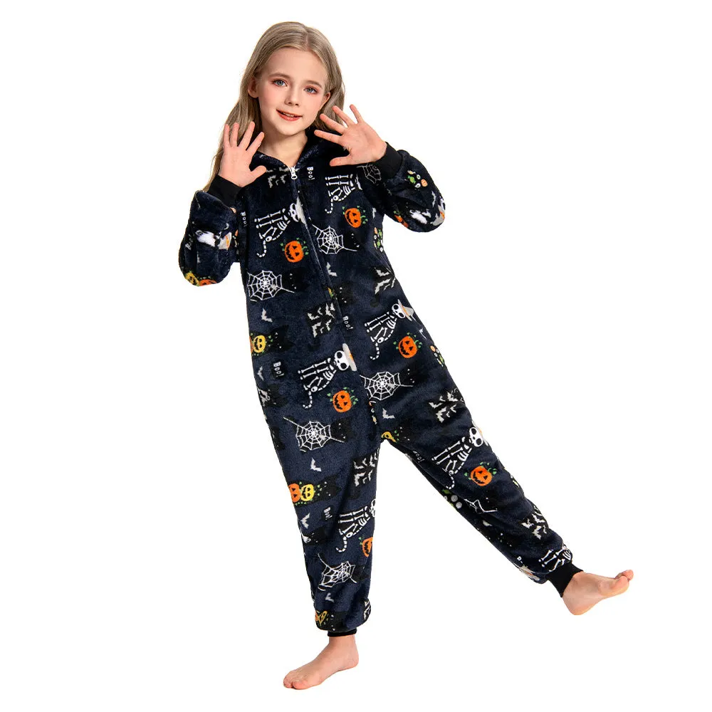 OLAOLA Kids Printed Skull Onesie Halloween Plush Soft Flannel Warm Home Pajamas One-Piece Sleepwear