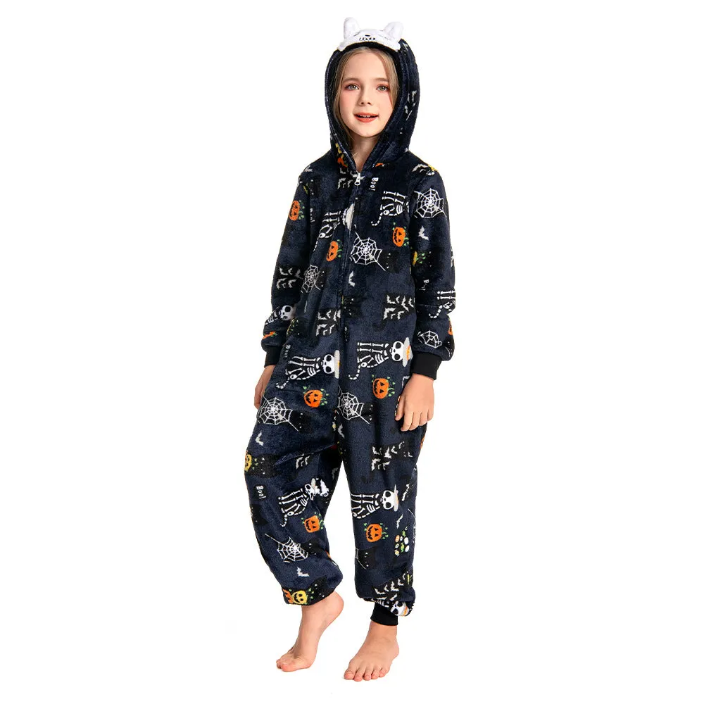 OLAOLA Kids Printed Skull Onesie Halloween Plush Soft Flannel Warm Home Pajamas One-Piece Sleepwear