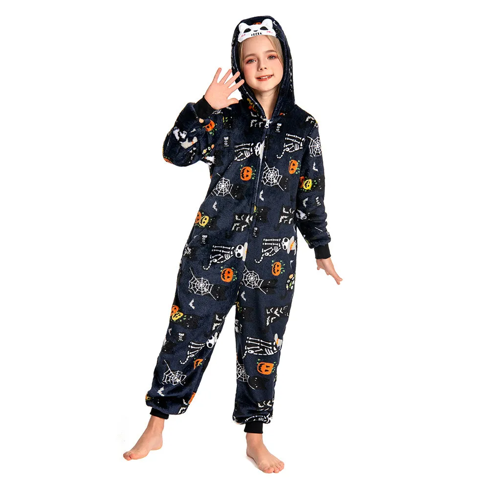 OLAOLA Kids Printed Skull Onesie Halloween Plush Soft Flannel Warm Home Pajamas One-Piece Sleepwear