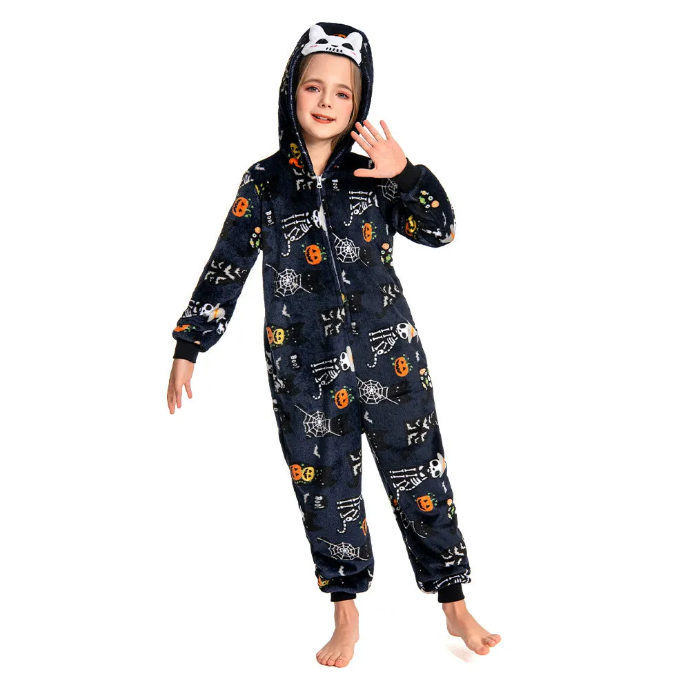 OLAOLA Kids Printed Skull Onesie Halloween Plush Soft Flannel Warm Home Pajamas One-Piece Sleepwear
