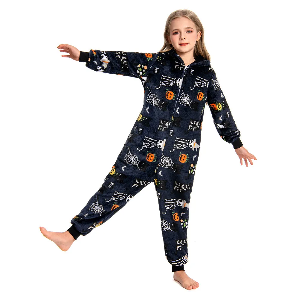 OLAOLA Kids Printed Skull Onesie Halloween Plush Soft Flannel Warm Home Pajamas One-Piece Sleepwear