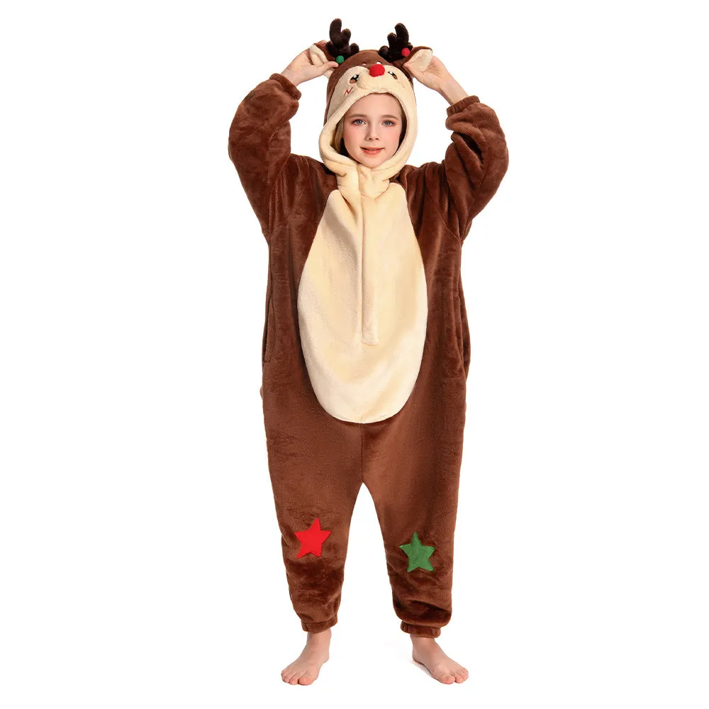 OLAOLA Kids Reindeer Animal Onesie Christmas Plush Soft Flannel Warm Home Pajamas One-Piece Sleepwear