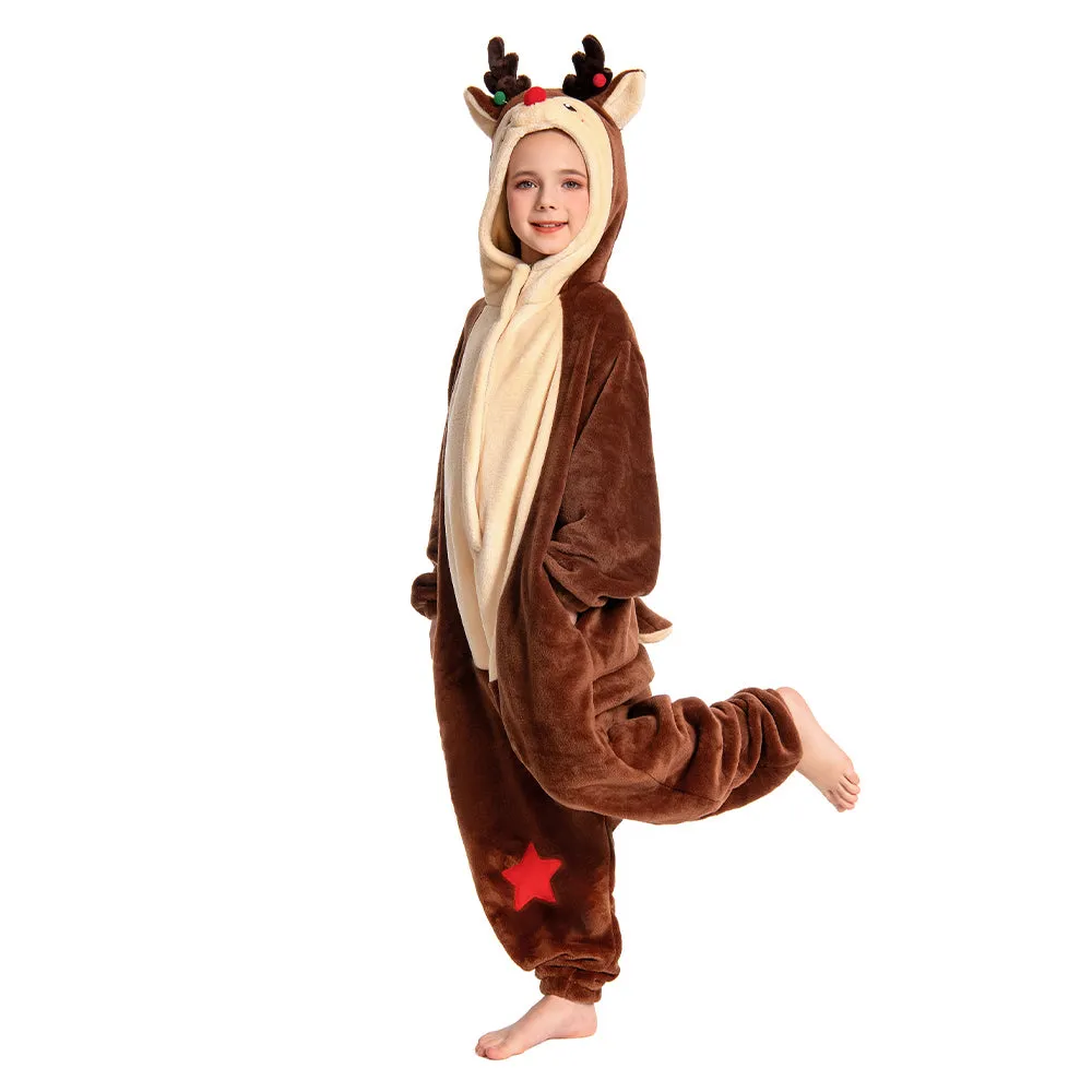 OLAOLA Kids Reindeer Animal Onesie Christmas Plush Soft Flannel Warm Home Pajamas One-Piece Sleepwear